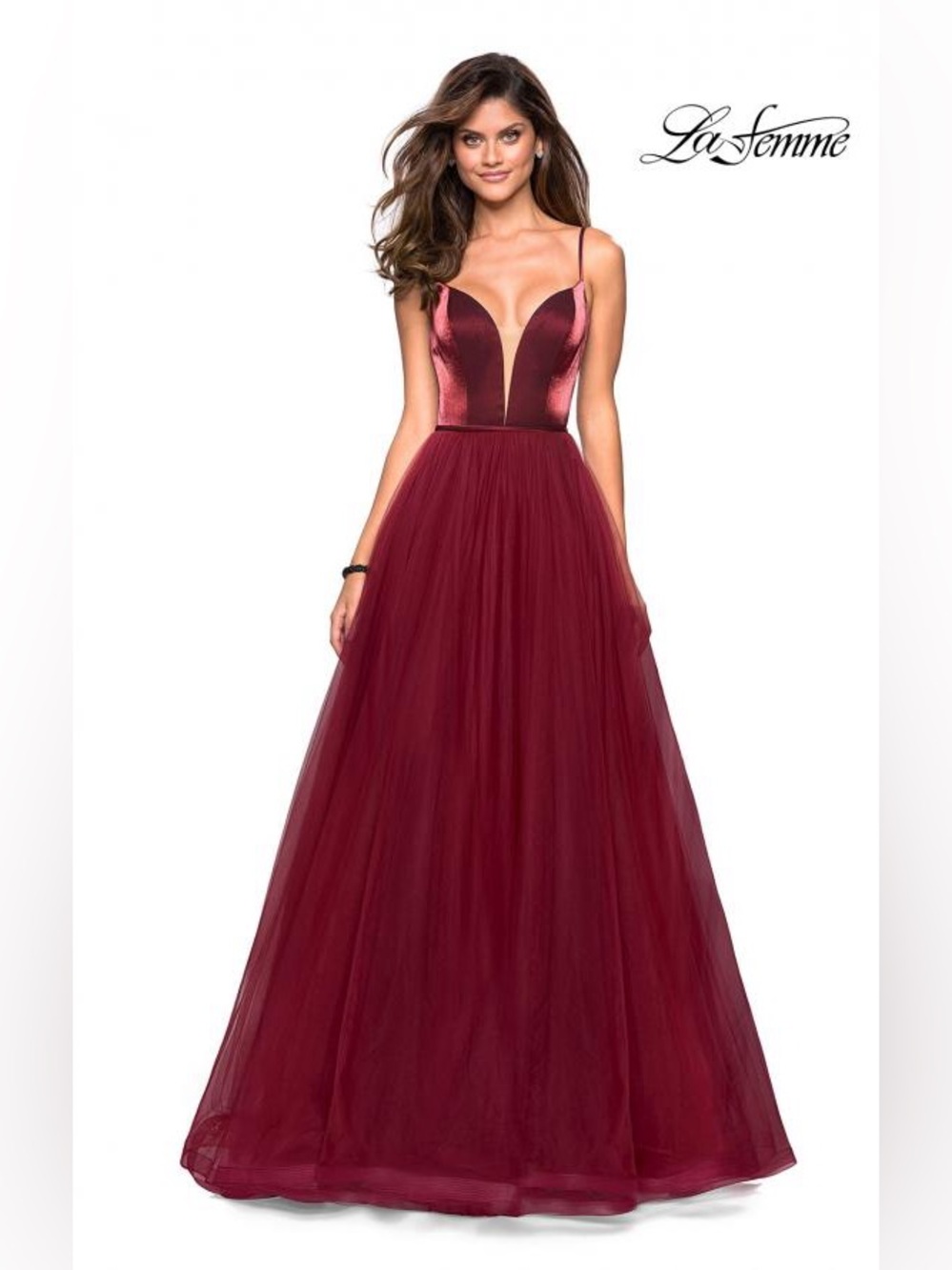 La Femme 27485 Burgundy Metallic Tulle Prom Gown – Size 4 – NWT